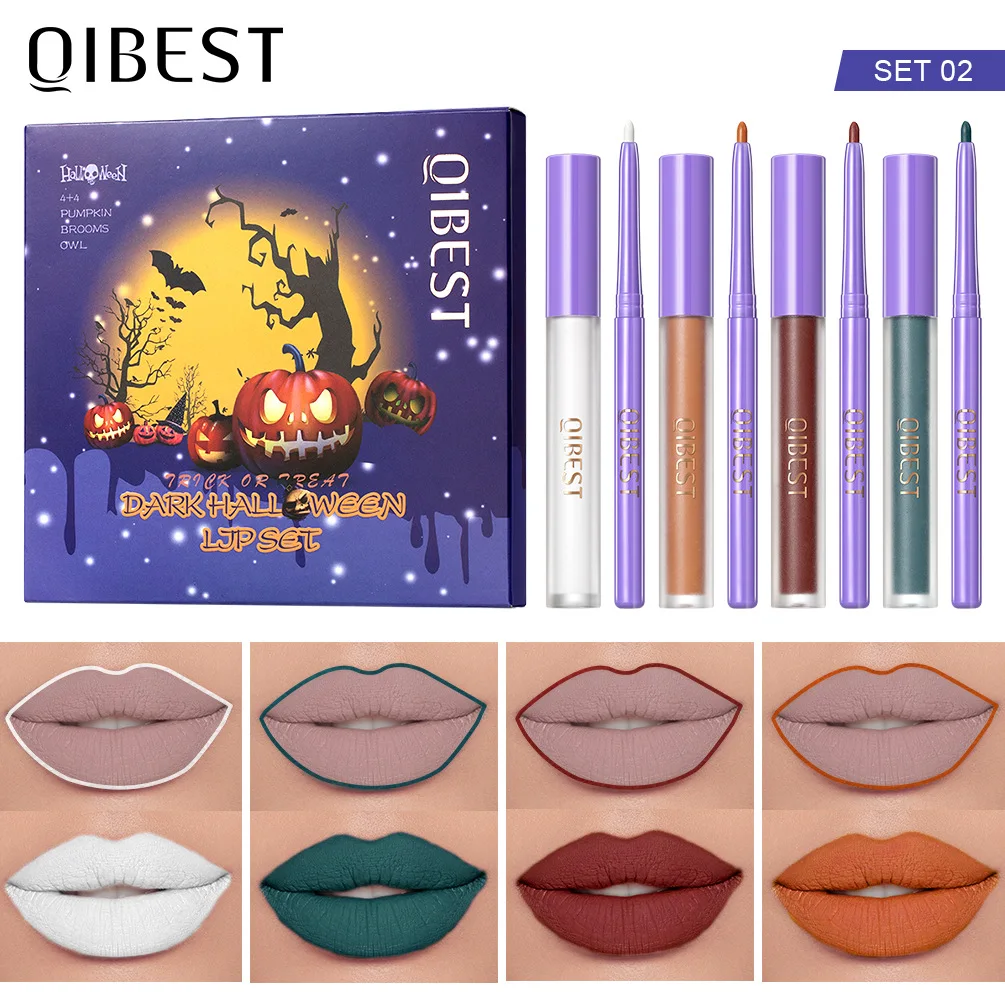 

Qibest Non-stick Non-flaking Lip Glaze Repair Liner 8pcs Set Colorful And Long-lasting Non-staining Makeup Halloween Christmas