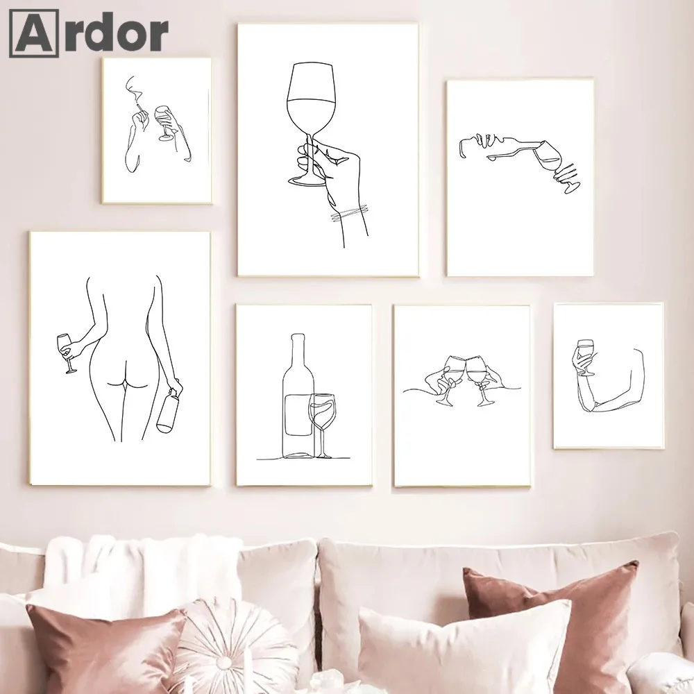 

Wine Lover Poster Abstract Wine Line Drawing Canvas Painting Sexy Woman Body Nude Art Print Nordic Wall Pictures Kitchen Decor