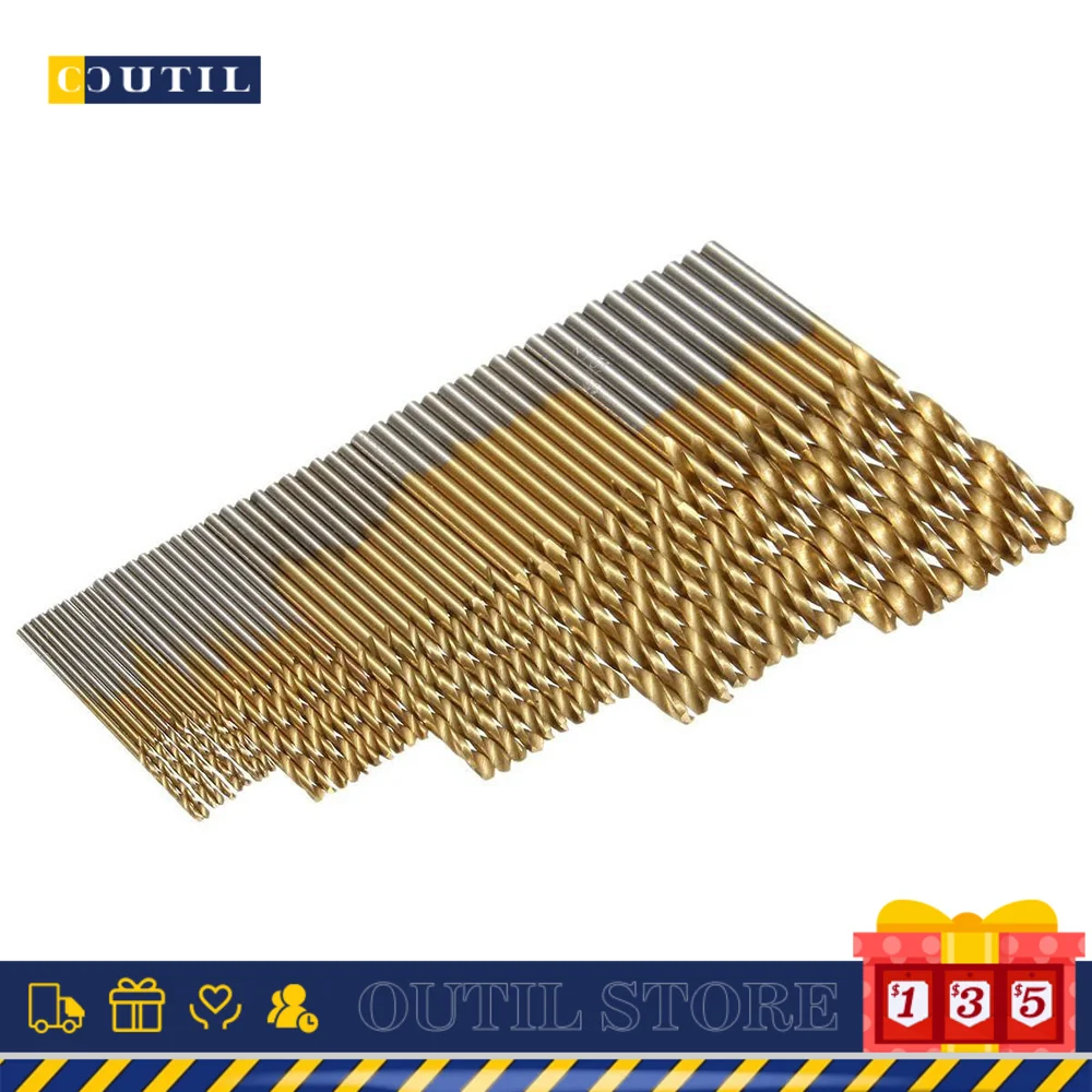 

50pcs Twist Drill 1.0/1.5/2.0/2.5/3.0mm Ti-Coated HSS Drill Woodworking Hand Tools Drill Bit Set