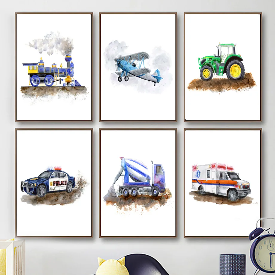 Plane Train Ambulance Excavator Crane Bulldozer Wall Art Canvas Painting Posters And Prints Wall Pictures Boy Kids Room Decor