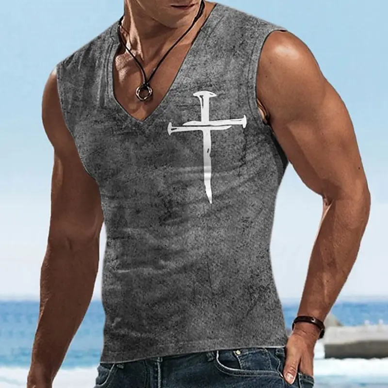 

Men's Tank Top Sleeveless T-shirt Pattern Cross Faith V-neck Clothing 3D Printing Sports Running Sleeveless Leisure Muscles