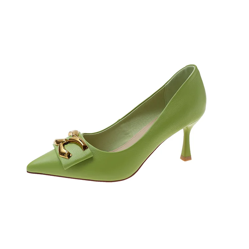 

Genuine Leather Women Dress Pump Metal Buckle High Thin Heels Shallow Pointed Toe Modern Leisure Slip On Solid Rubber Women Shoe