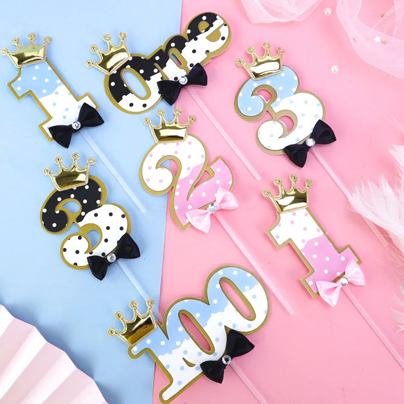 

1st 2st 3st 100 Days Happy Birthday Cake Topper Kid Gifts Party Supplies Number Crown Bow Tie Diamond New Born Baby Cake Topper