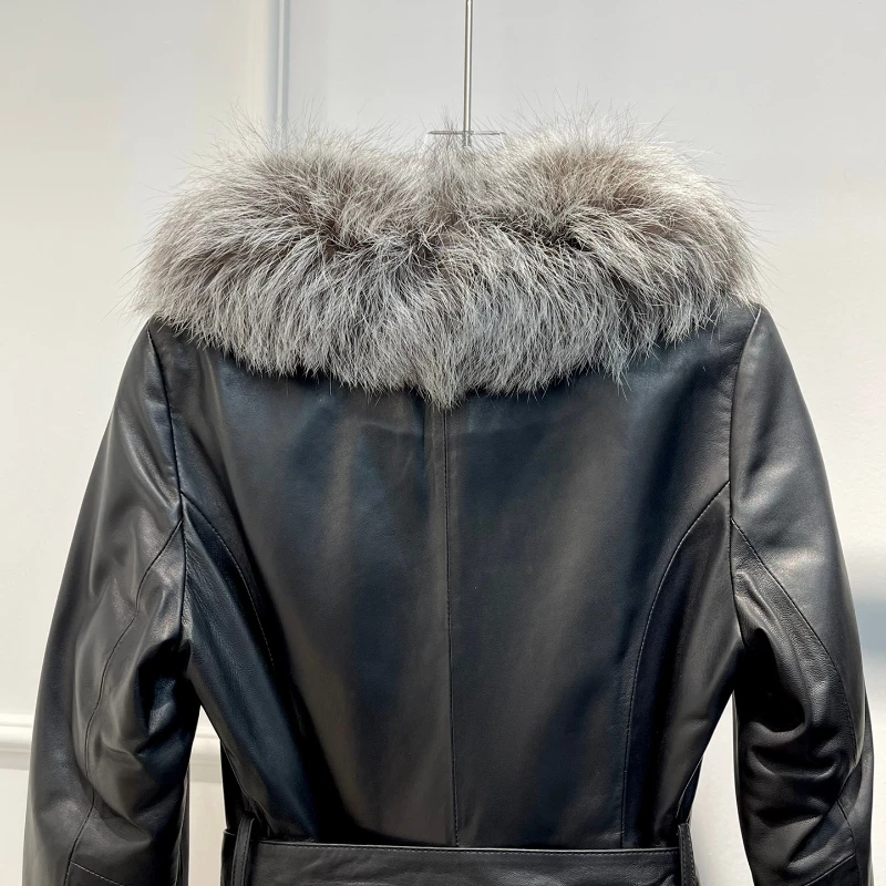 Sheepskin Luxury Long Leather Ladies Black Jacket New 2022 Winter Collection Vintage Warm Coat with Belt for Women