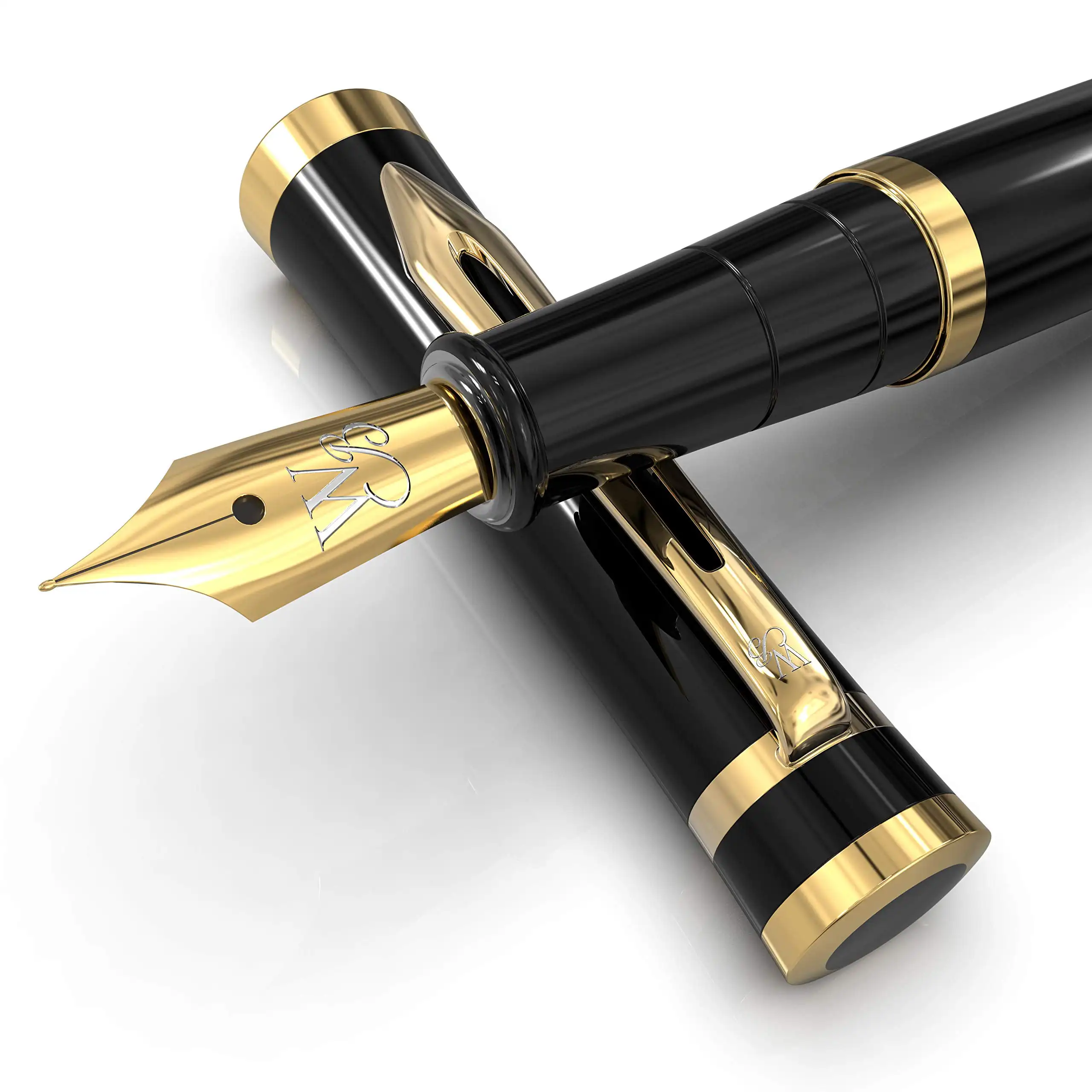 

Fountain Pen Set Black Gold Medium Nib - 6 Ink Cartridges -Refillable