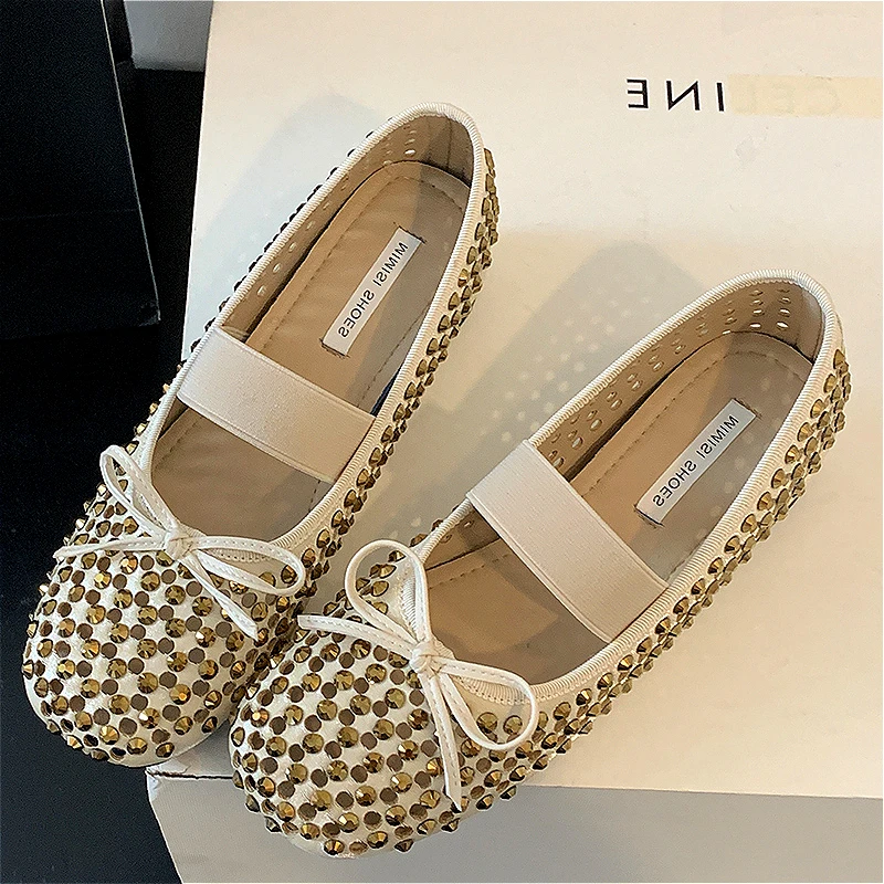 Роскошные балетки со стразами женские модельные туфли с круглым носком дышащие