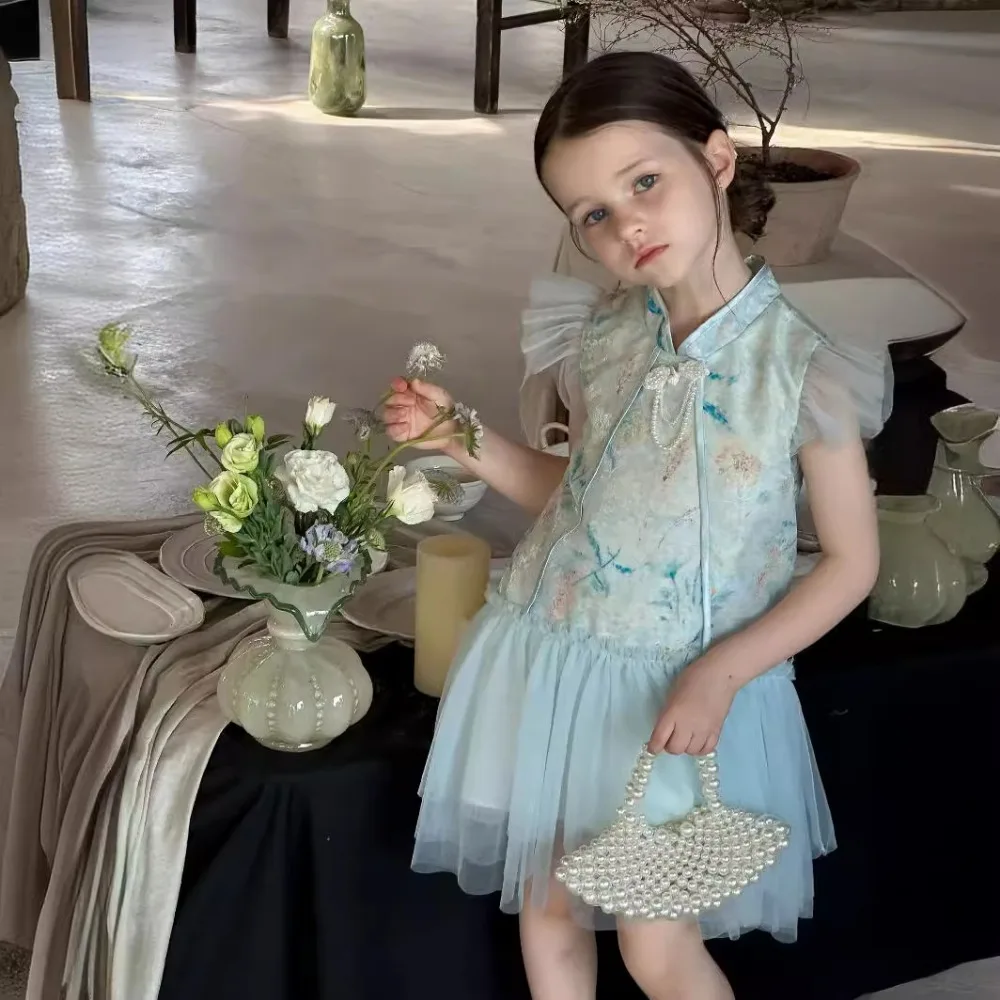 Платье для девочек Новинка лета 2024 китайское газовое платье без рукавов с