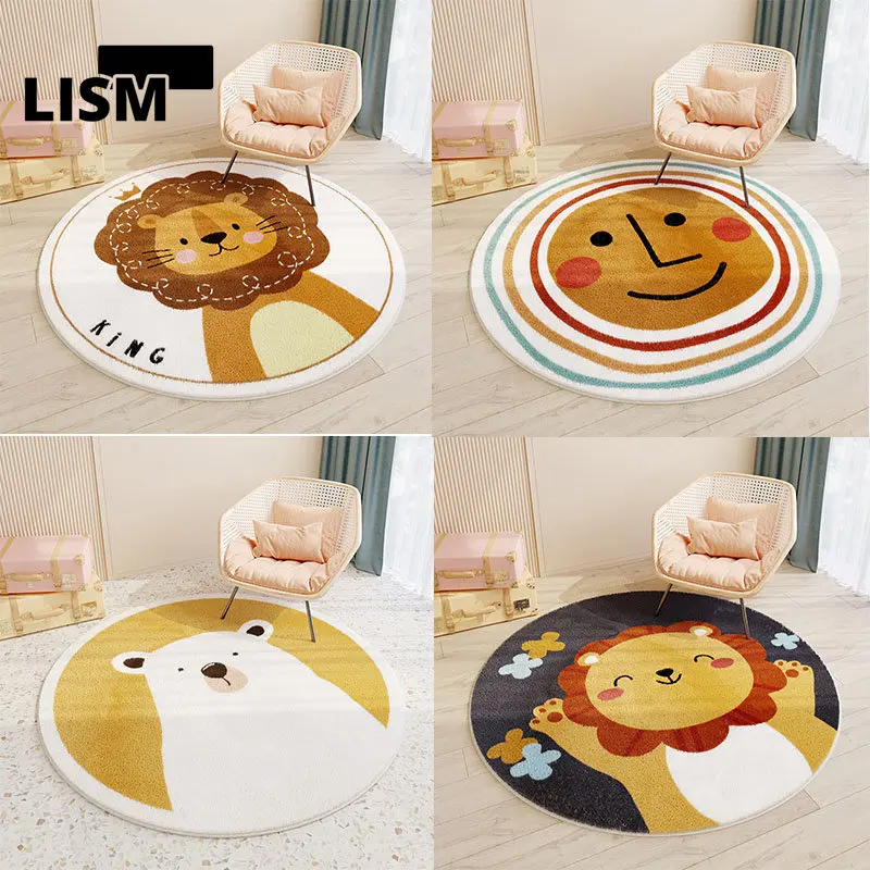 

Round Cute Lion Carpet for Living Room Decoration Kids Play Rugs Bedroom Anti-slip Floor Mats Coffee Table Entrance Doormats