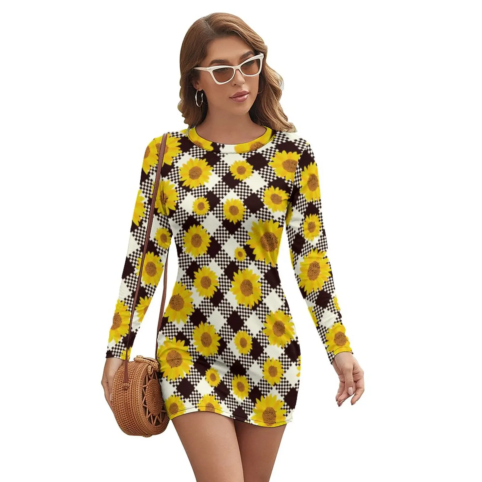 

Sunflower Checkerboard Bodycon Dress Holiday Black and White Plaid Kawaii Dresses Long Sleeve Pattern Streetwear Dress Big Size