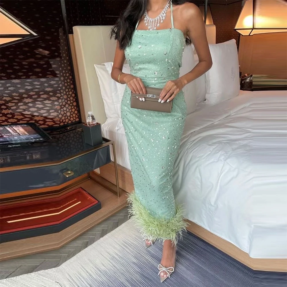 

Xijun Luxury Feathers Beadings Sequined Mermaid Evening Dresses Halter Sleeveless Saudi Arabic Prom Dress Wedding Party Gown