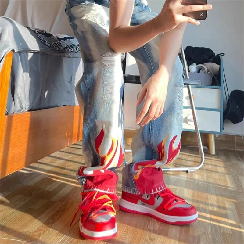 Cyber Y2k Men Hip Hop Streetwear Flame Hole Washed Baggy Jeans Low Rise 2000s Ripped Alt Denim Trousers Fairy Grunge Clothes