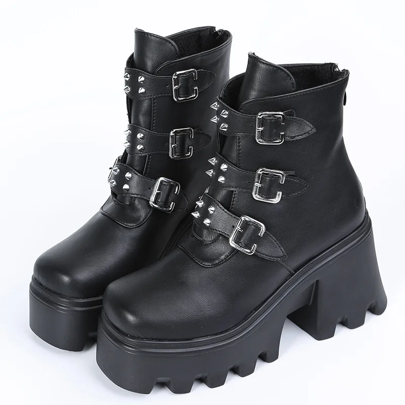 Punk Style Ankle Boots for Women 2022 Autumn Winter Square Toe High Heel Shoes Rivet Buckle Cool Streetwear Motorcycles Boots