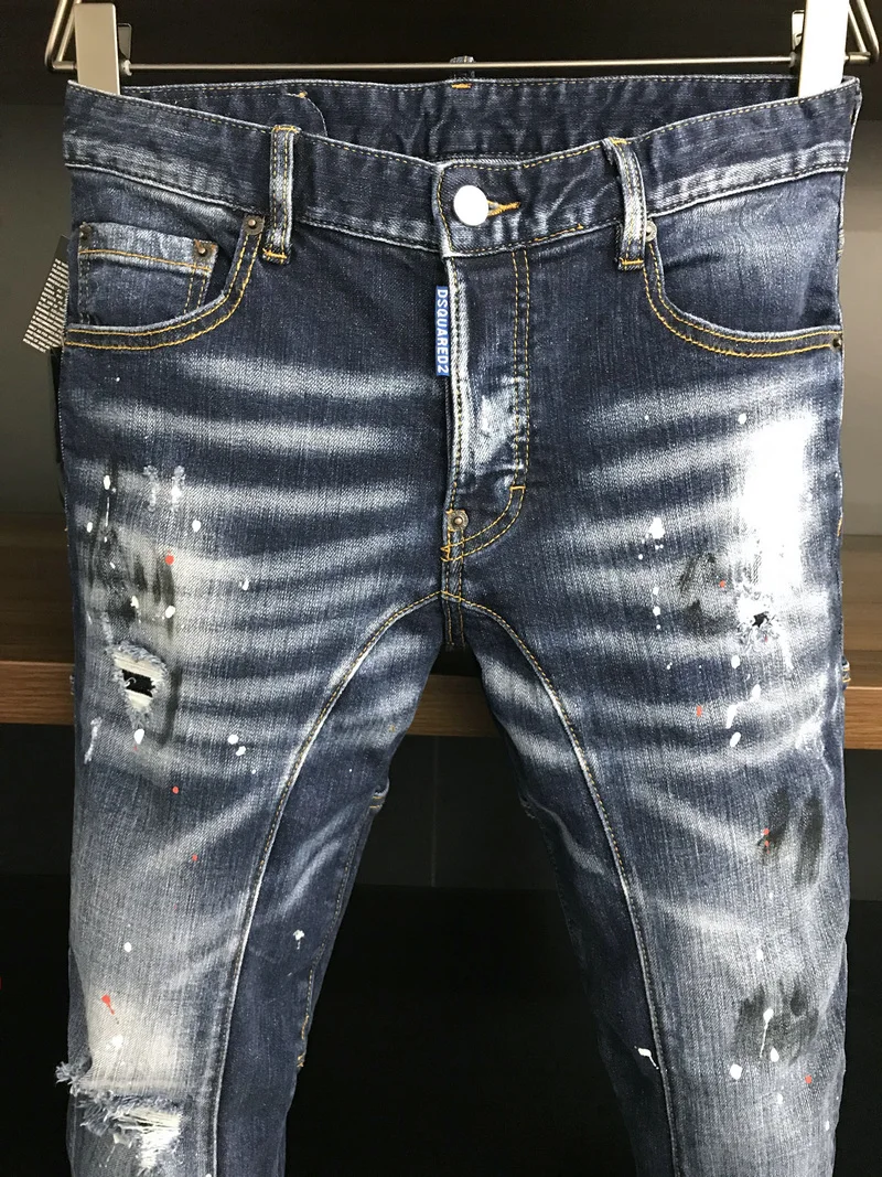 New Men's Dsquared2 Buttons Jeans Ripped For Male Skinny  Pants Men's Denim Trousers Top Quality Slim Jeans A399
