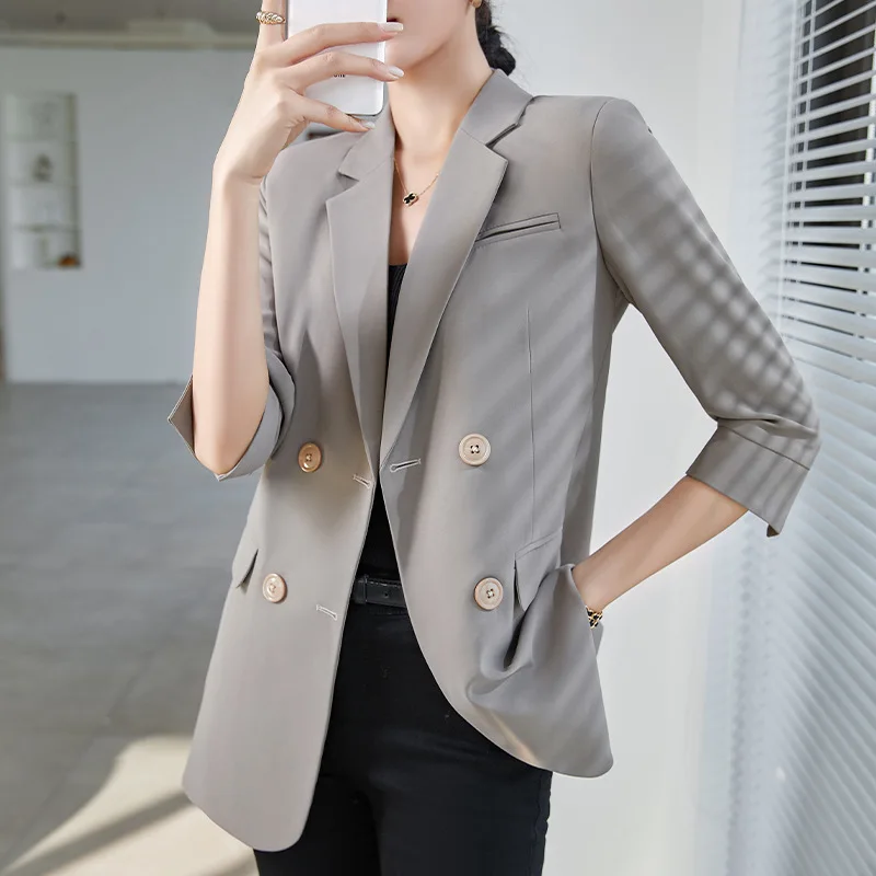 Quality Spring  Summer Women's Korean Fashion Elegant Loose Medium Sleeve Jacket Office Leisure Blazer Thin Cardigan Coat Top