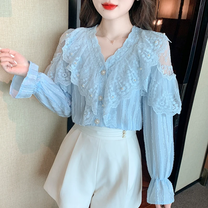 

New Summer Fashion Ruffled Lace Shirt Women Tops Blusa Feminina Long Sleeve V-neck Blouses Shirts Solid color Ladies Tops 625F