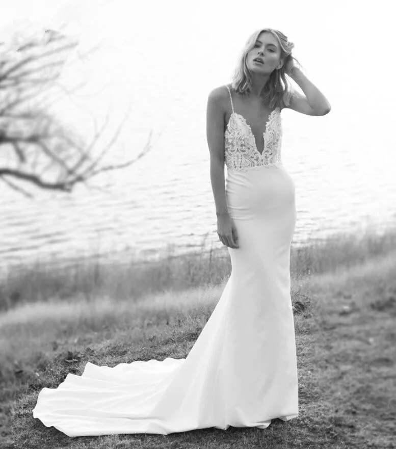 

2019 Unique Bridal Crepe Mermaid Gowns Spaghetti Straps Lace Beading Open Back Wedding Dresses