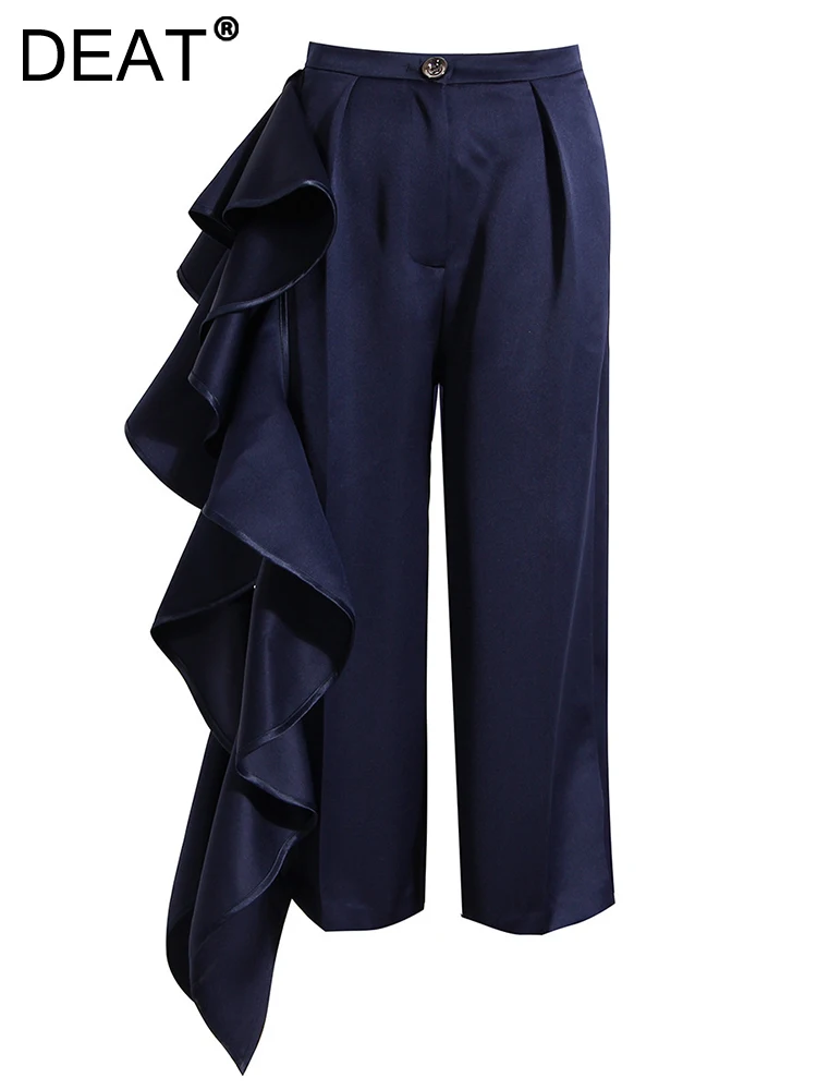 

DEAT Fashion Women's Suit Pants High Waist Asymmetric Ruffled Folds Blue Wide-leg Ankle-length Trouser Autumn 2023 New 17A2945
