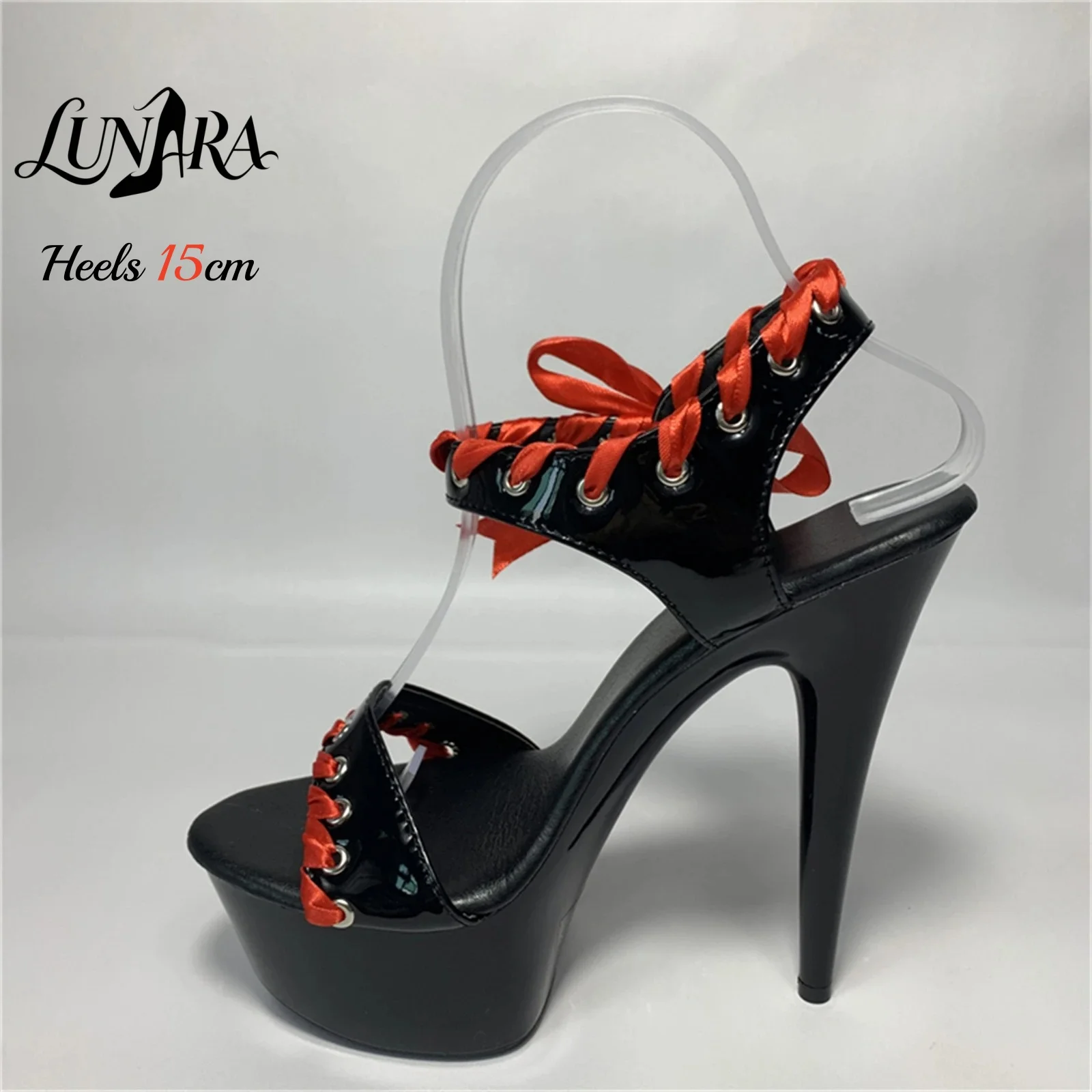 Фото Черные лакированные босоножки на платформе 15 см/6 дюймов с красным атласным бантом, открытым носком и ремешком на щиколотке, сексуальный наряд для ночного клуба/вечеринки №5