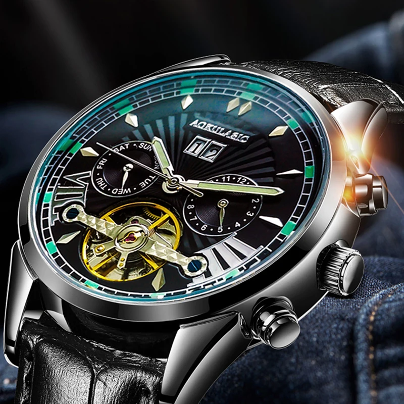 

Мужские водонепроницаемые часы AOKULASIC с автоподзаводом и календарем