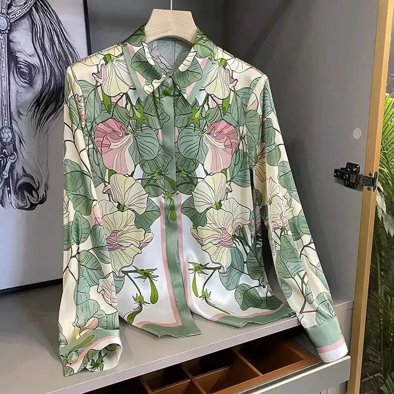 

Poplin Shirt Women Floral Print Summer New Korean Fashion Lapel Casual Long Sleeve Tops