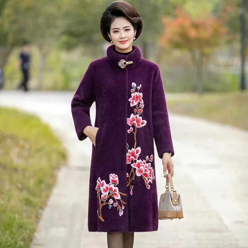 Mom Winter Women Imitation Mink Velvet Embroidered Coat Long Middle-aged Cashmere Woolen Coat Thick Top Overcoat