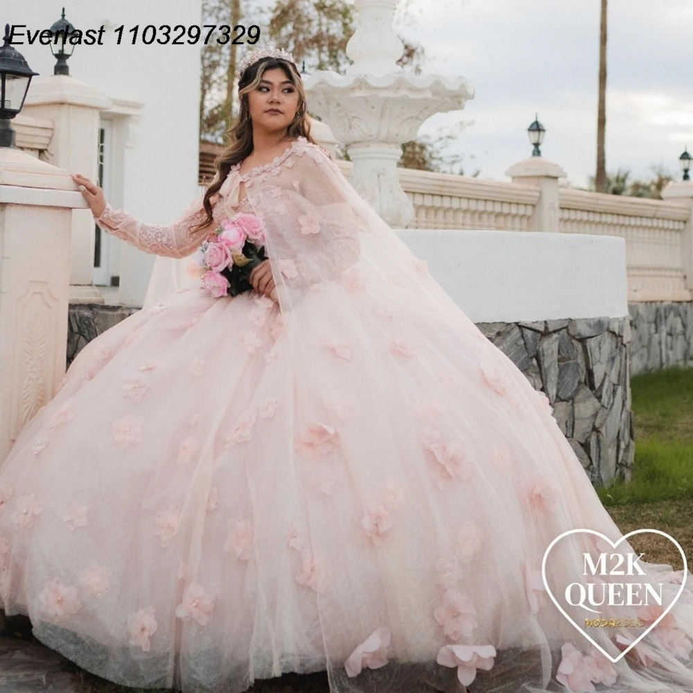 EVLAST мексиканское розовое платье Quinceanera бальное 3D Цветы аппликация бисер кристалл