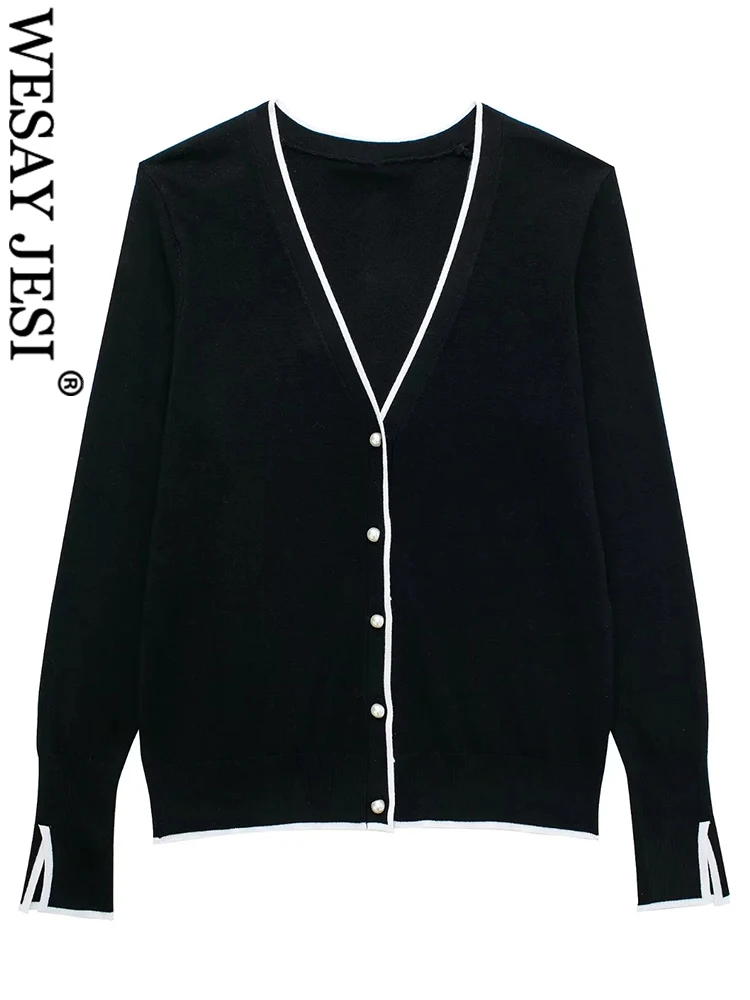WESAY JESI Women's Fashion Faux Pearl Button Knit Cardigan Sweater Vintage Black Slit Long Sleeve V Neck Female Slim Knittwear