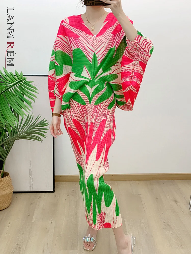 

Женское плиссированное платье LANMREM, дизайнерское платье контрастных цветов с v-образным вырезом и рукавами «летучая мышь», женская одежда, новинка 2023, 2YA2182