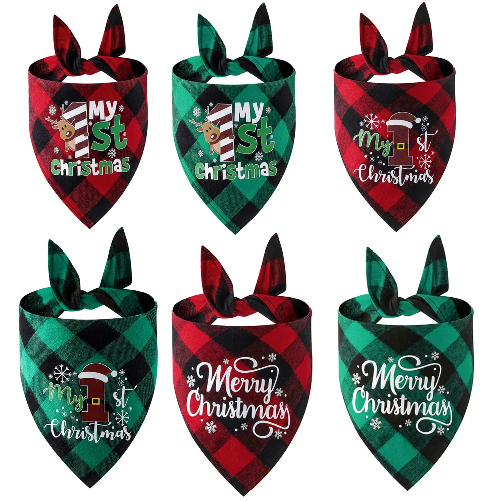 

Cotton Red Black Green and Black Checkered Dog Bandana Slobber Scarf Single Layer Triangle Scarf Christmas Pet Scarf Triangle
