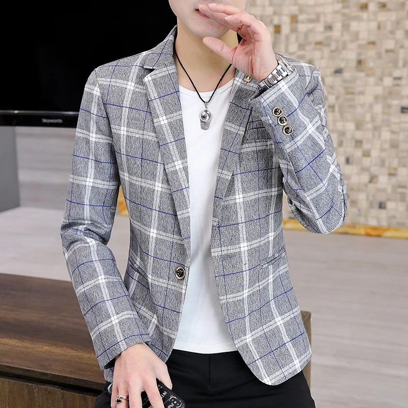 Men's Blazer British's Style Casual Slim Fit Suit Jacket Male Plaid Blazers Single Button Men Coat Terno Masculino Plus Size 3XL