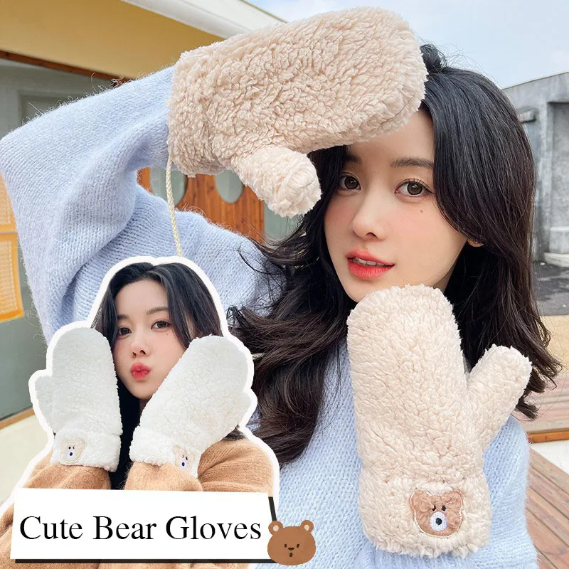 

Новинка 2022, плюшевые перчатки с милым медведем, теплые зимние утепленные бархатные велосипедные перчатки с подвесным воротником и пальцами...