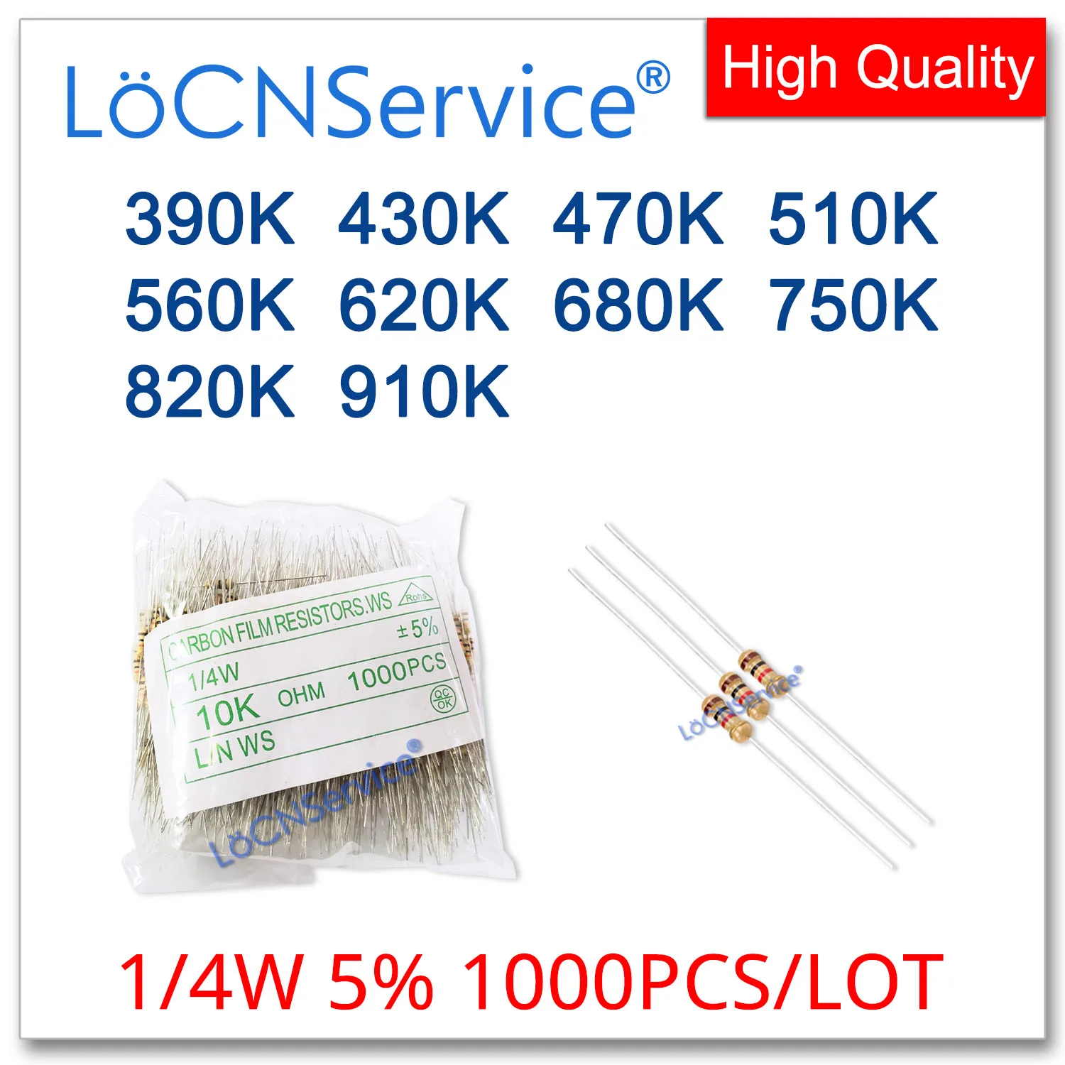 

LoCNService 1000 шт./лот 5% 1/4 Вт 390K 430K 470K 510K 560K 620K 680K 750K 820K 910K карбоновый пленочный резистор DIP OHM