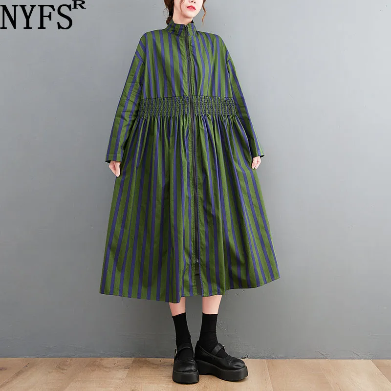 

2023 Autumn New Vintage Woman Dress Vestidos Robe Elbise Cotton Loose Plus Size Long Sleeve Stripe Print Zipper Dress
