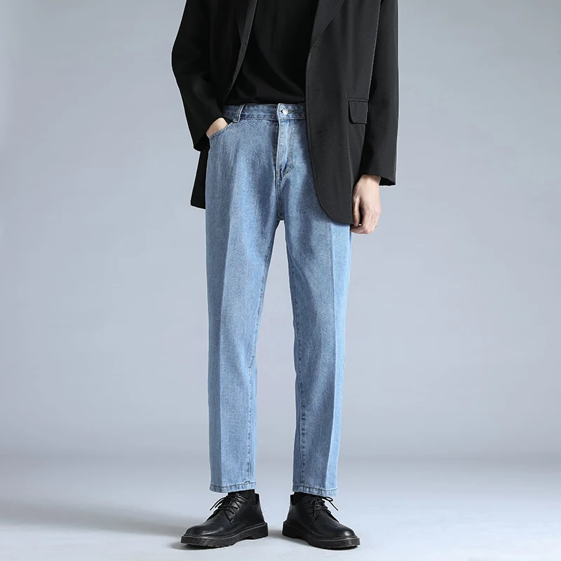 

Мужские джинсы до щиколотки, синие повседневные Мягкие облегающие брюки в Корейском стиле, размеры 28-36, весна-лето 2022