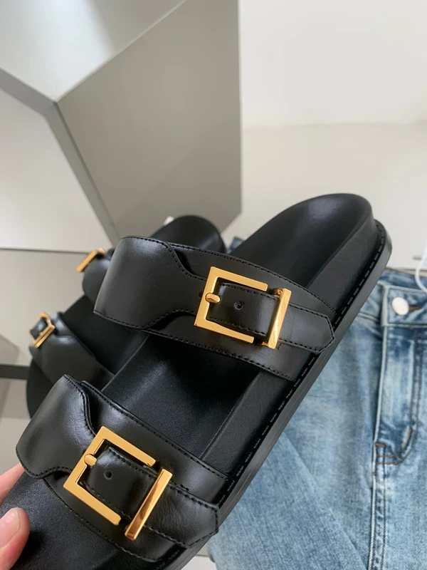 Elmsk Fashion Blogger Ladies Thick-soled Slippers Genuine Leather Black Casual Commuter Flat Shoes Women