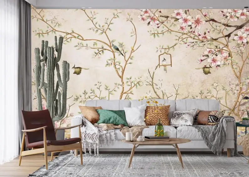 

Soft Colors Chinoiserie Flower Wallpaper, Floral Blossom Wall Mural