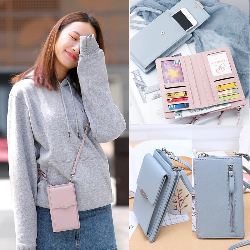 

2022 Leather Multifunction Crossbody Phone Shoulder Bag Mini Women Wallet Messenger Female Clutch 2-in-1 Card Holder Candy Color