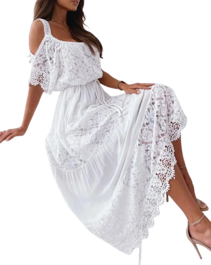 

Elegant Women's Dresses 2022 Summer Contrast Lace Cold Shoulder Fashion Plain Vacation Half Sleeve Maxi Dress with Belt