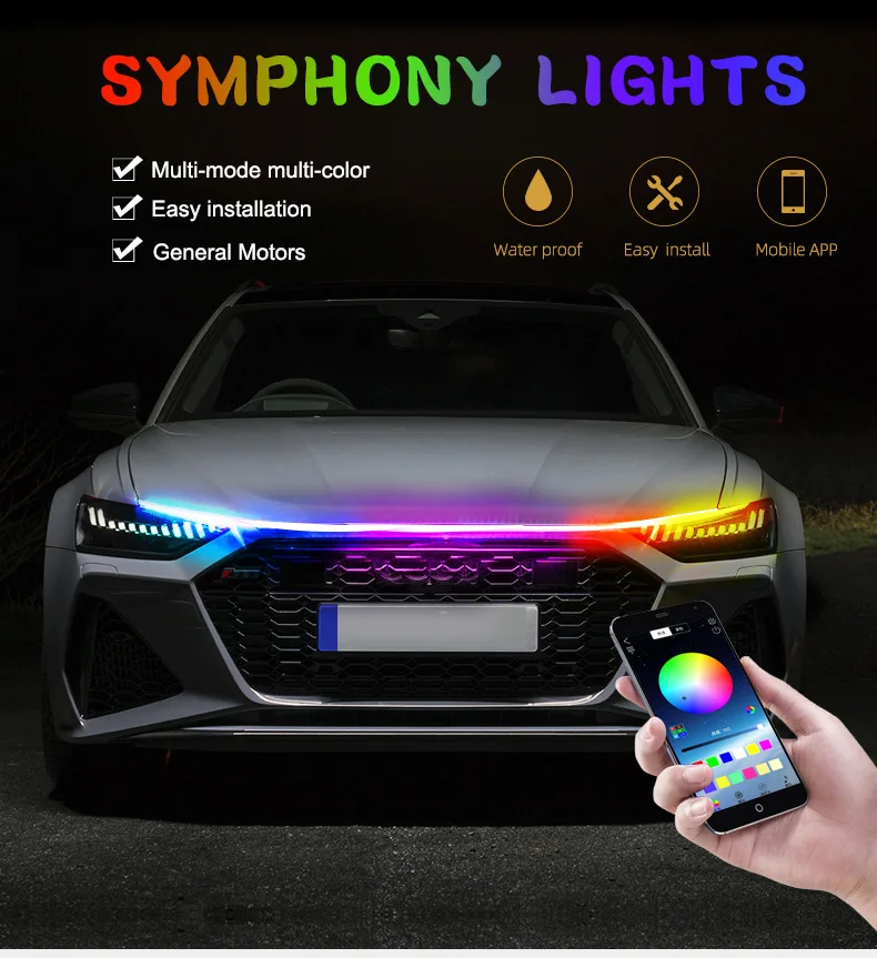 Фото Светодиодная подсветка для капота автомобиля s RGB, цветная полоса Drl, дневные ходовые огни, s передняя фара, декоративсветильник, автомобильная панель, дистанционное управление через приложение, 12 В №2