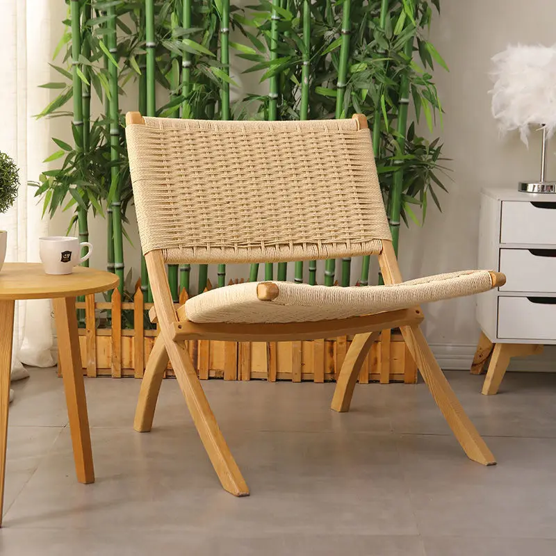 

Стул в ретро стиле из твердой древесины с веревкой, скандинавский Одноместный стул для отдыха на балконе, кожаное седло, средневековое кресло, японские складные стулья