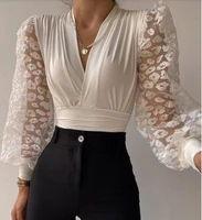 spring lace patchwork womens blouse white v neck skinny long puff sleeve elegant tops female 2022 new fashion ladies clothing