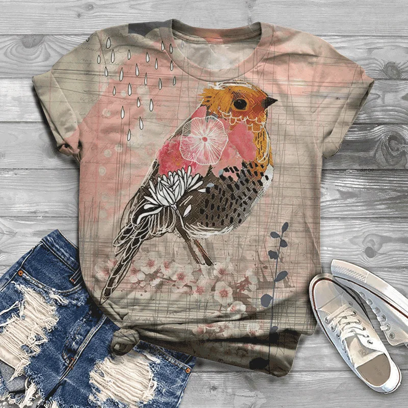 

Women Casual Custom T-shirt Summer Fashion 3D Bird Print Short Sleeve T-shirts Comfortable Outdoor Street T-Shirt Male
