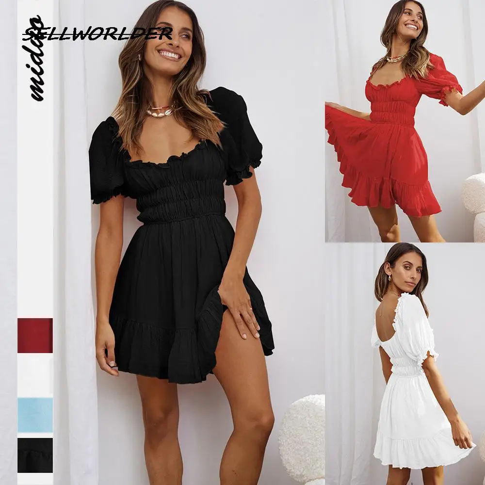 

Classic Women Spring Square Neck Balloon Sleeve Pleated Dress Elegant Mini Dress Female