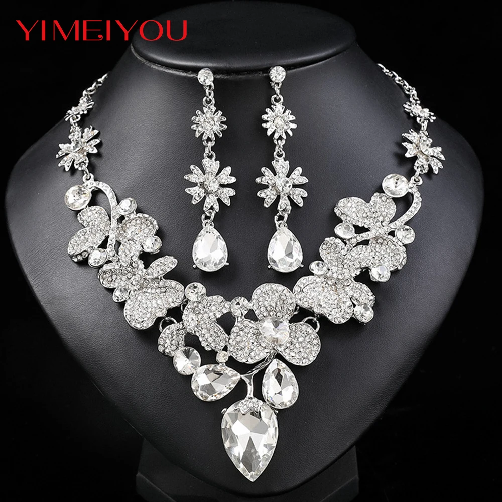Luxury Sets Fashion Zircon Jewelry Earrings Crytal Necklace Party Korean Circle New Style Simple Trendy Elegant Girl Gift