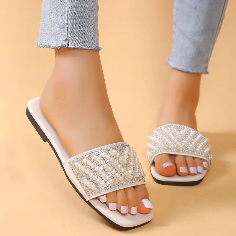 

Rhinestone Slippers Women Summer Fashion One-word Drag Square Head Flat Bottom Vacation Travel Beach Sandals and Slippers