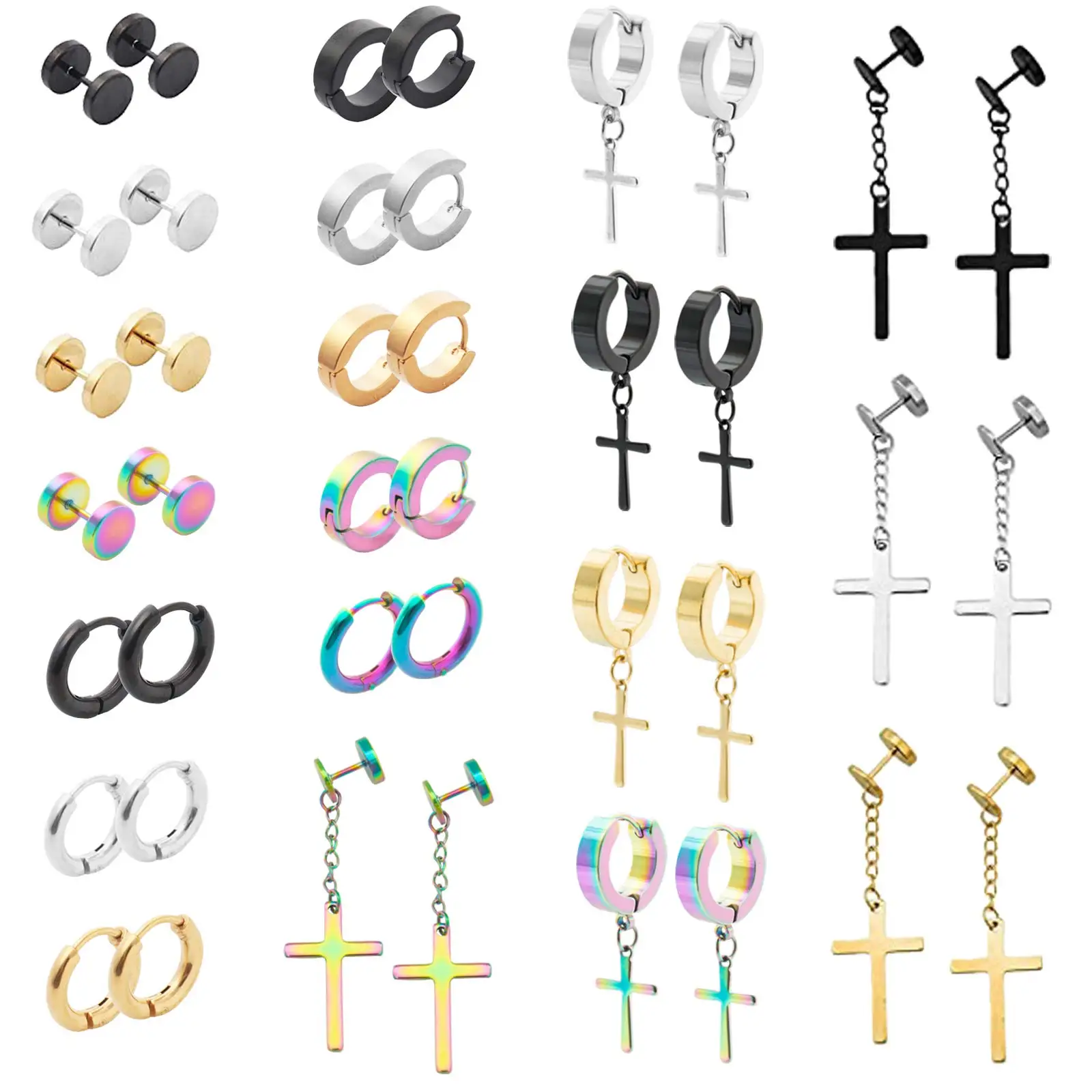 

20 Pairs Stainless Steel Cross Earrings Hypoallergenic Earrings Hinged Hoop Dangle Cross Earrings for Men and Women