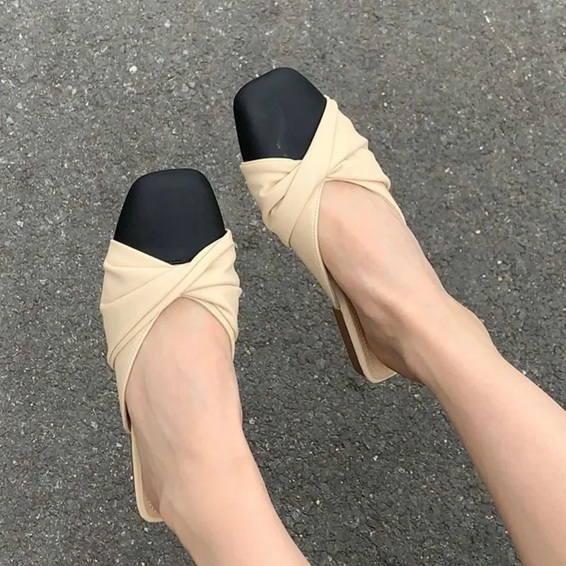 Women Slippers 2023 Fashion Gentle Pleated Lazy Square Toed Flat Mixed Colors Casual Slides Summer Shoes Female Zapatos Para