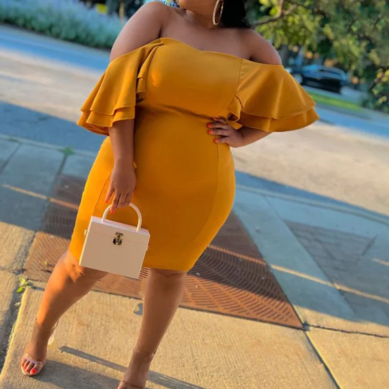 Sexy Plus Size Clothes Women Summer Autumn Double-deck Ruffles One Word Neck Backless Bag Hip Irregular Party Slim Short Dress
