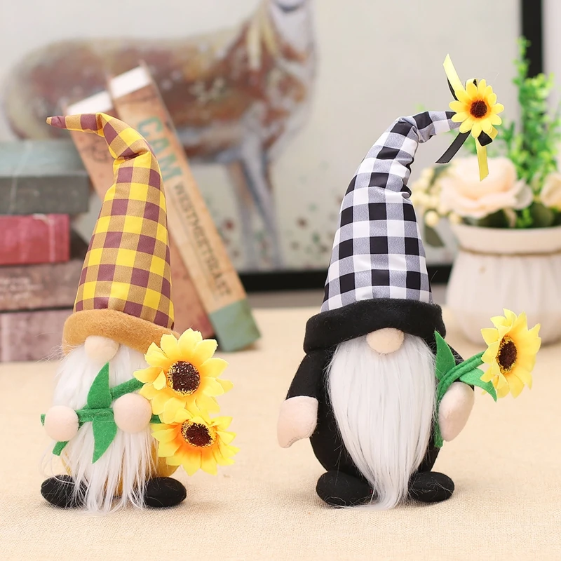 

Sunflower Gnomes Buffalo Plaid Gnome Ornaments Tiered Tray Decorations Plush Swedish Nisse Elf for Home Kitchen Decor