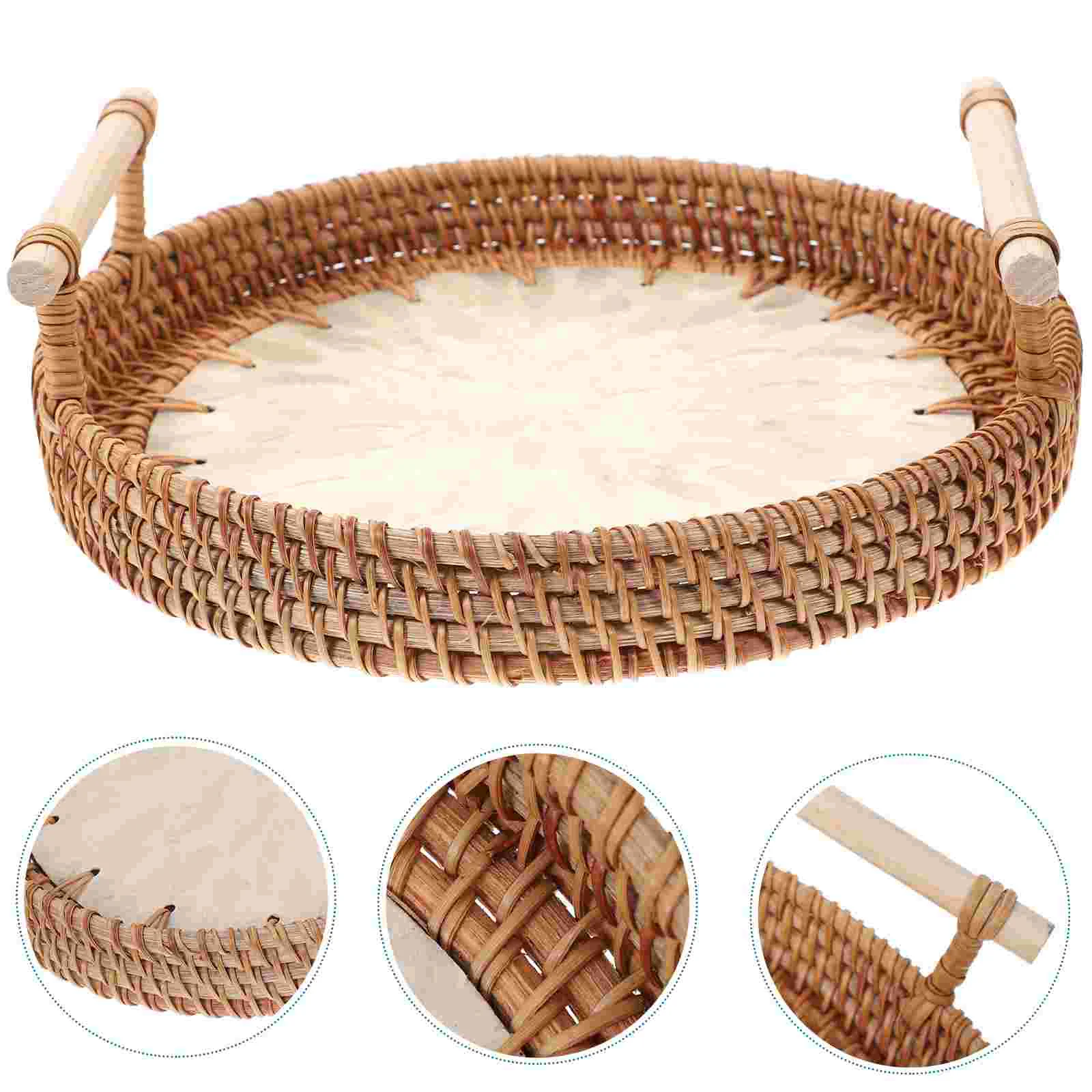 

Tray Basket Rattan Serving Bread Wicker Fruit Handle Dish Woven Storage Snack Platter Desktop Round Vegetable Display Breakfast